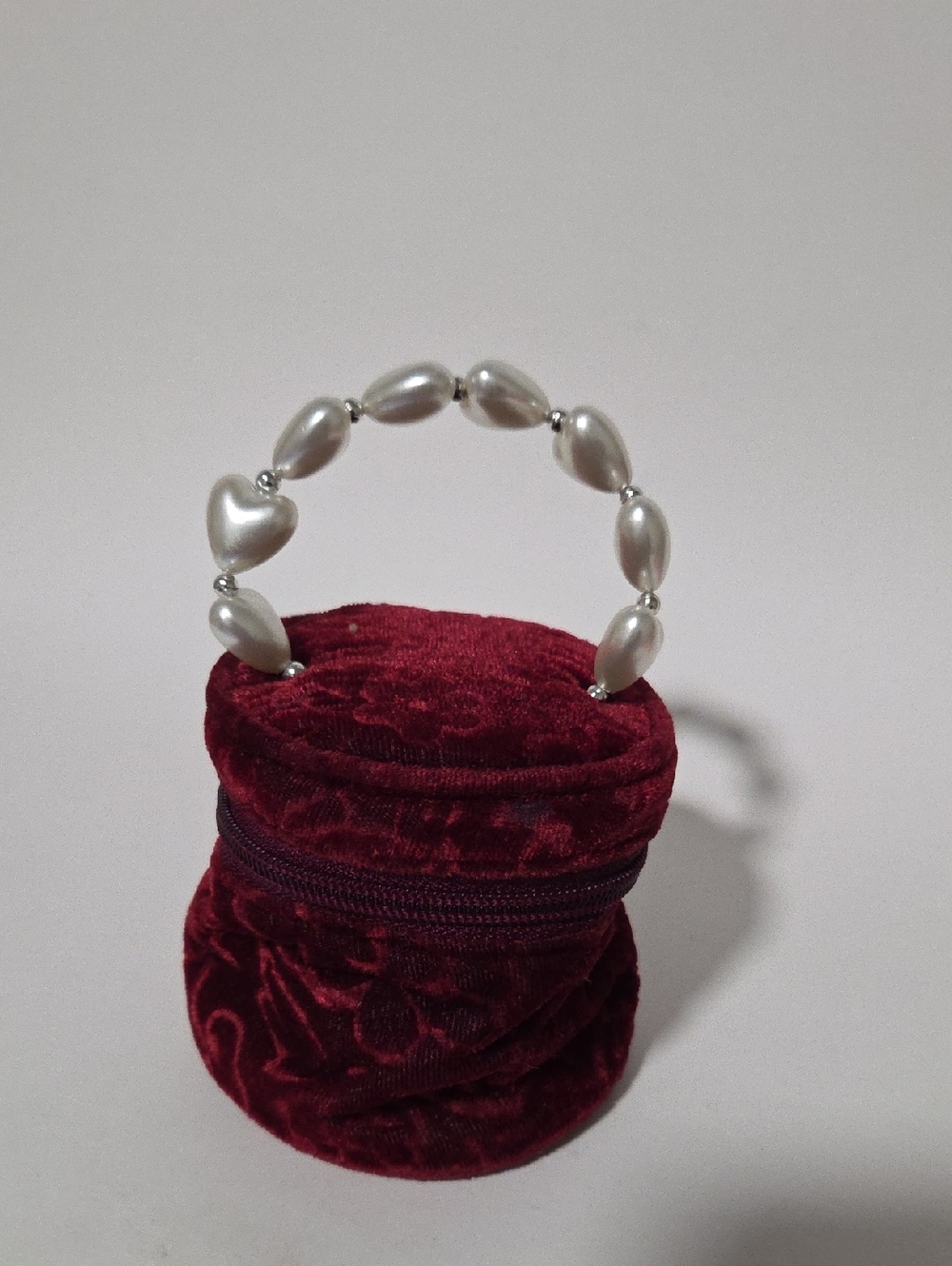 ✨ Vintage Harrods Burgundy Velvet Pearl Heart Handle Vanity Pouch Bag ✨